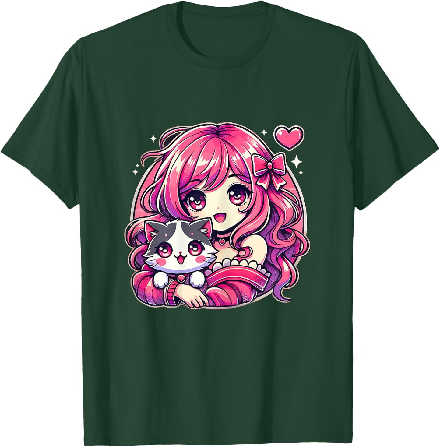 Anime Girl and Cat Kawaii Manga Girl T-Shirt - T-Shirt | Forest