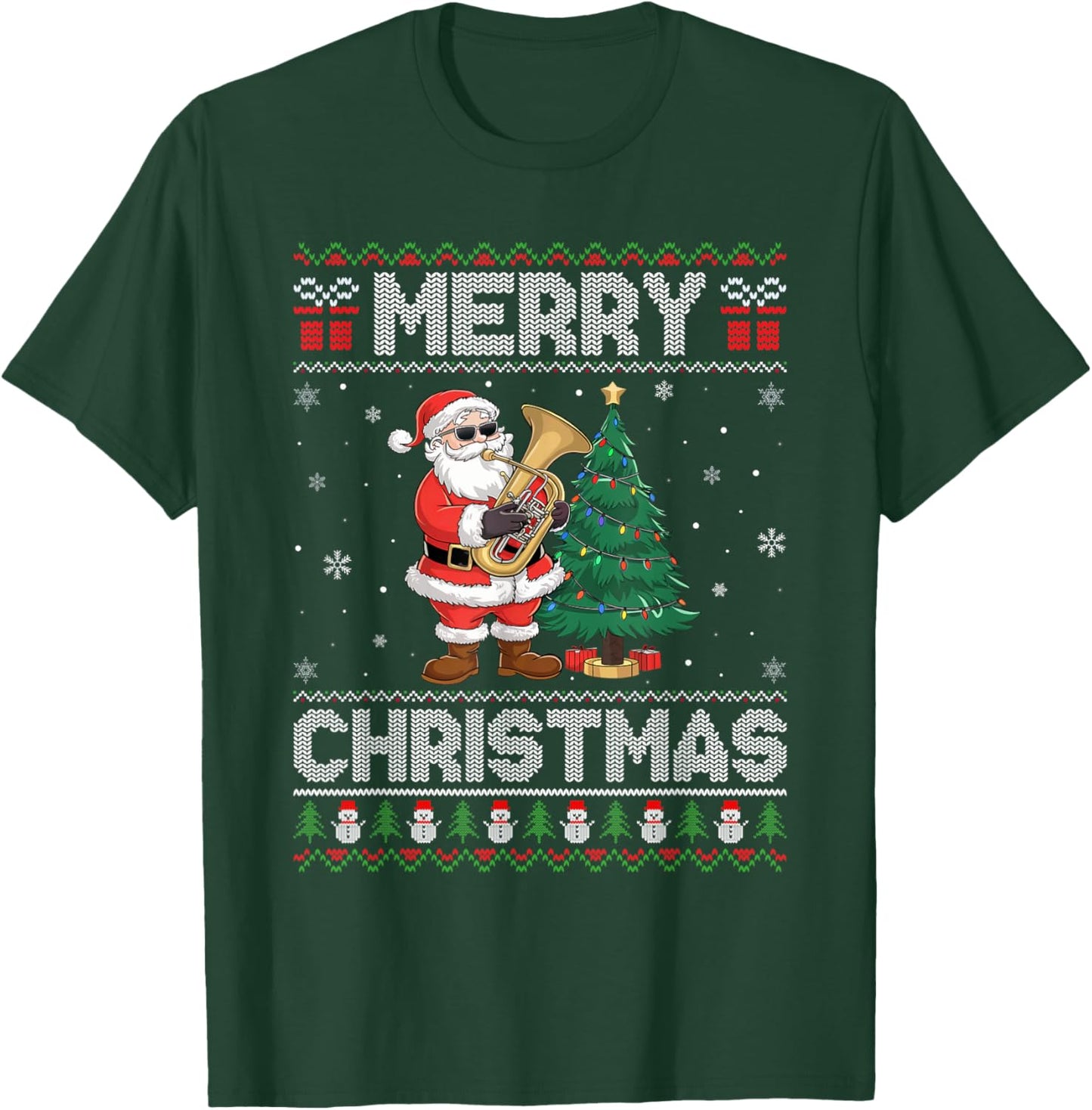 Santa Playing Tuba Men Women Kids Ugly Christmas T-Shirt - T-Shirt | Forest