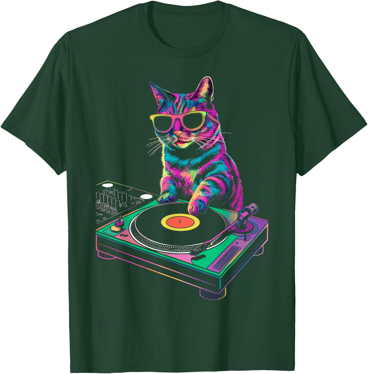 House DJ Cat Rainbow DJ Cat Kitty on Turntable Disco DJ Cat T-Shirt - T-Shirt | Forest
