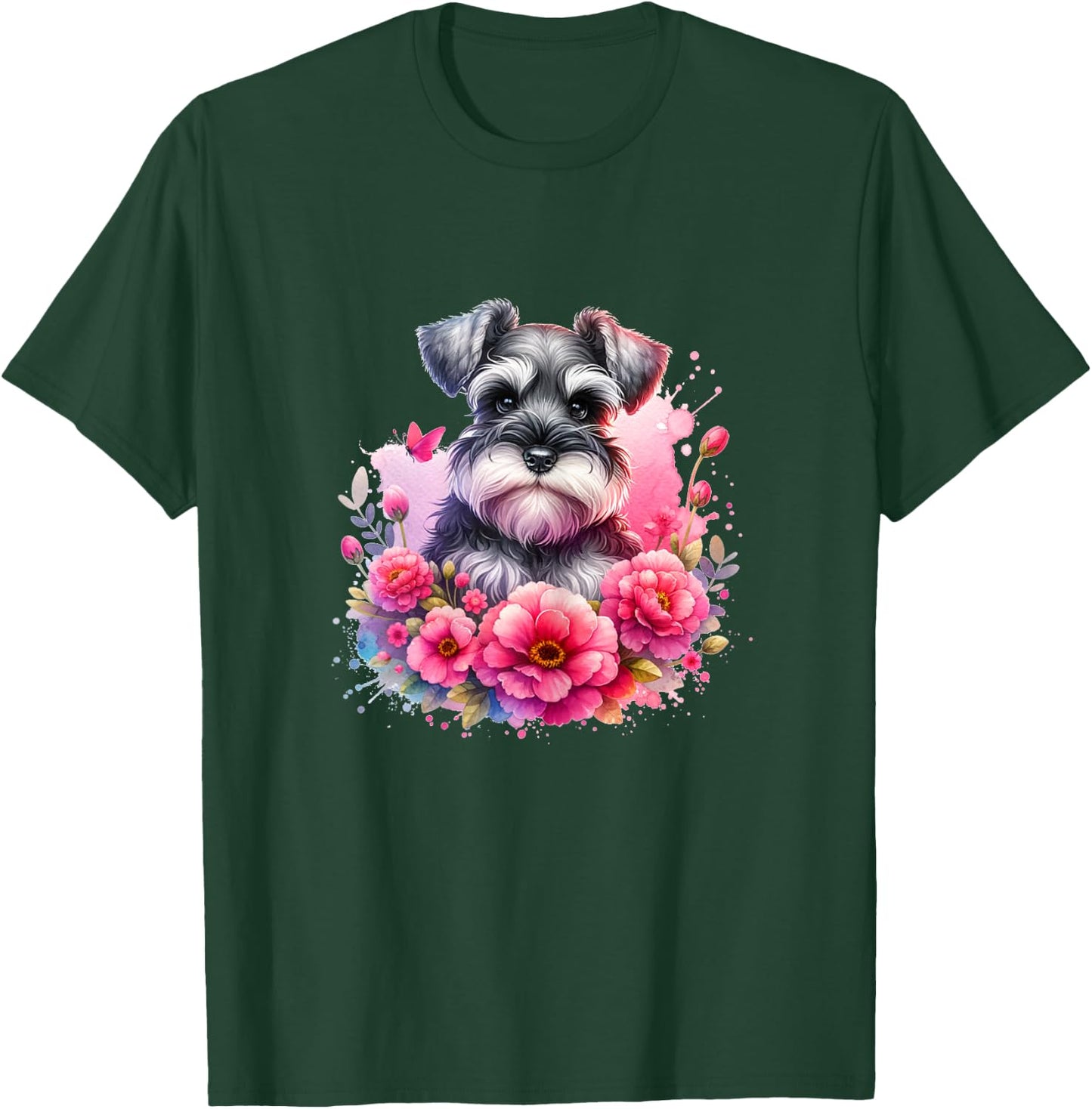 Watercolor Cute Miniature Schnauzer Dog Mom Pink Flowers T-Shirt - T-Shirt | Forest