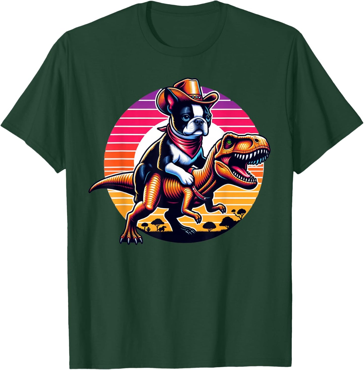 Boston Terrier Wearing A Cowboy Hat On T-Rex T-Shirt - T-Shirt | Forest