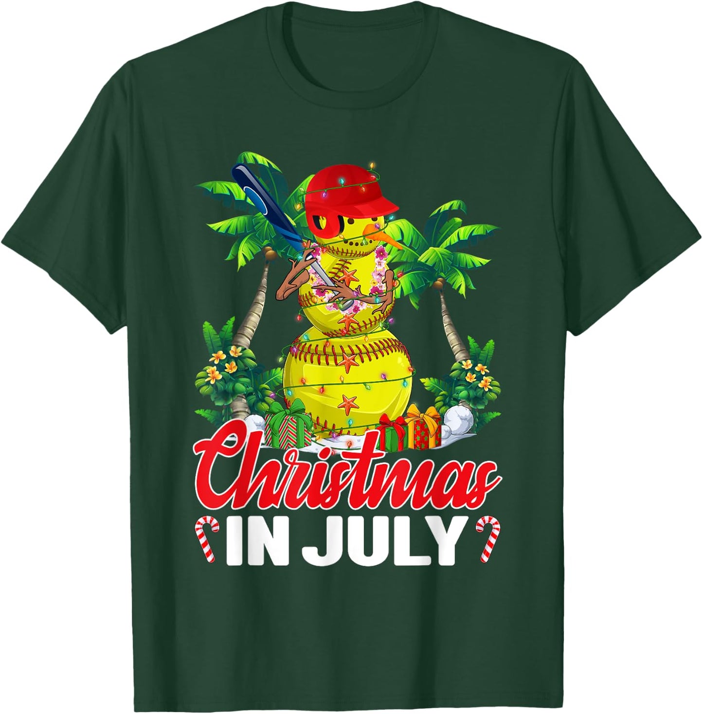Funny Softball Santa Hat Hawaiian Christmas In July Summer T-Shirt - T-Shirt | Forest