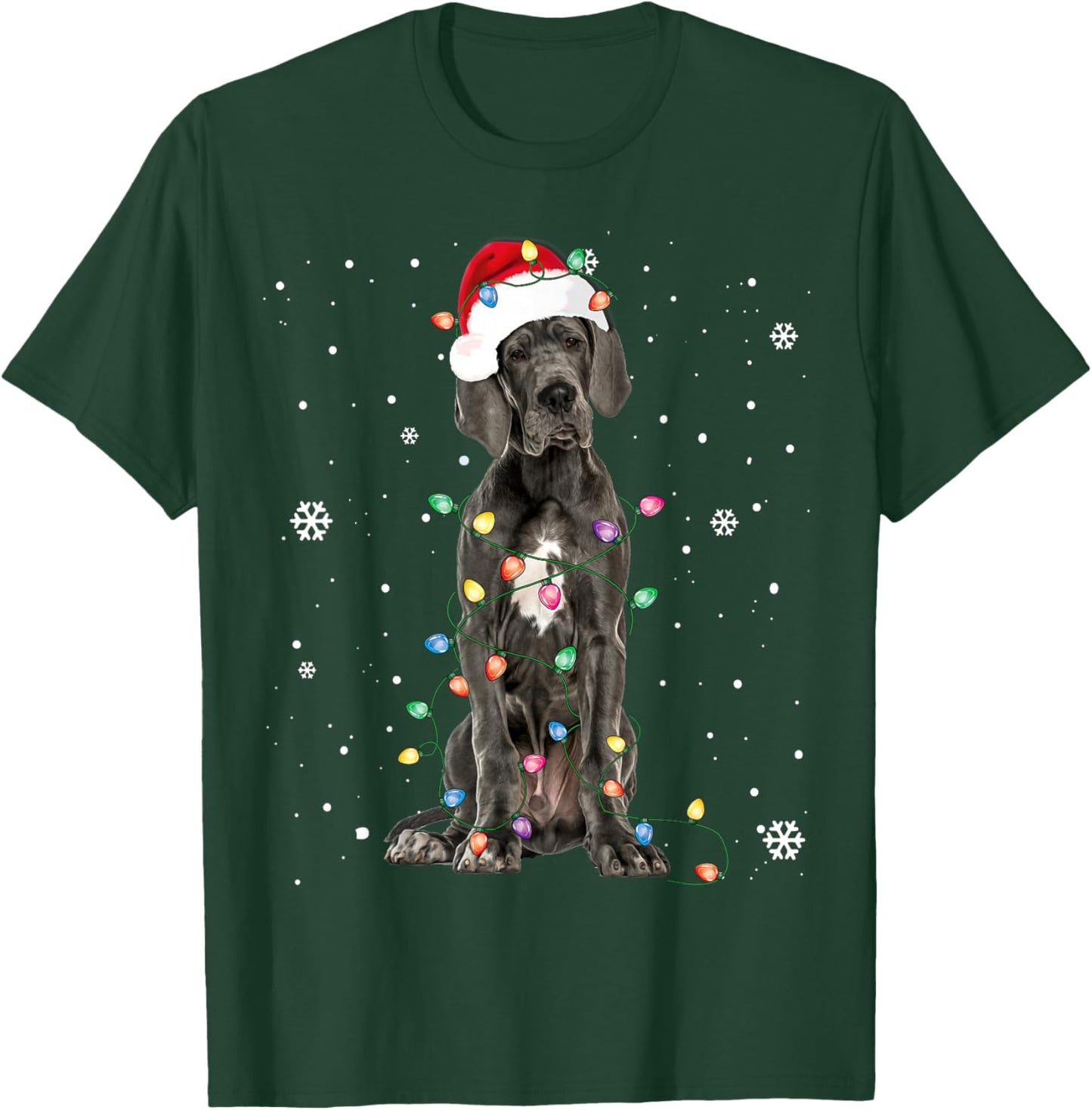 Great Dane Christmas Santa Hat Fairy Lights Pajama Dog Lover T-Shirt - T-Shirt | Forest