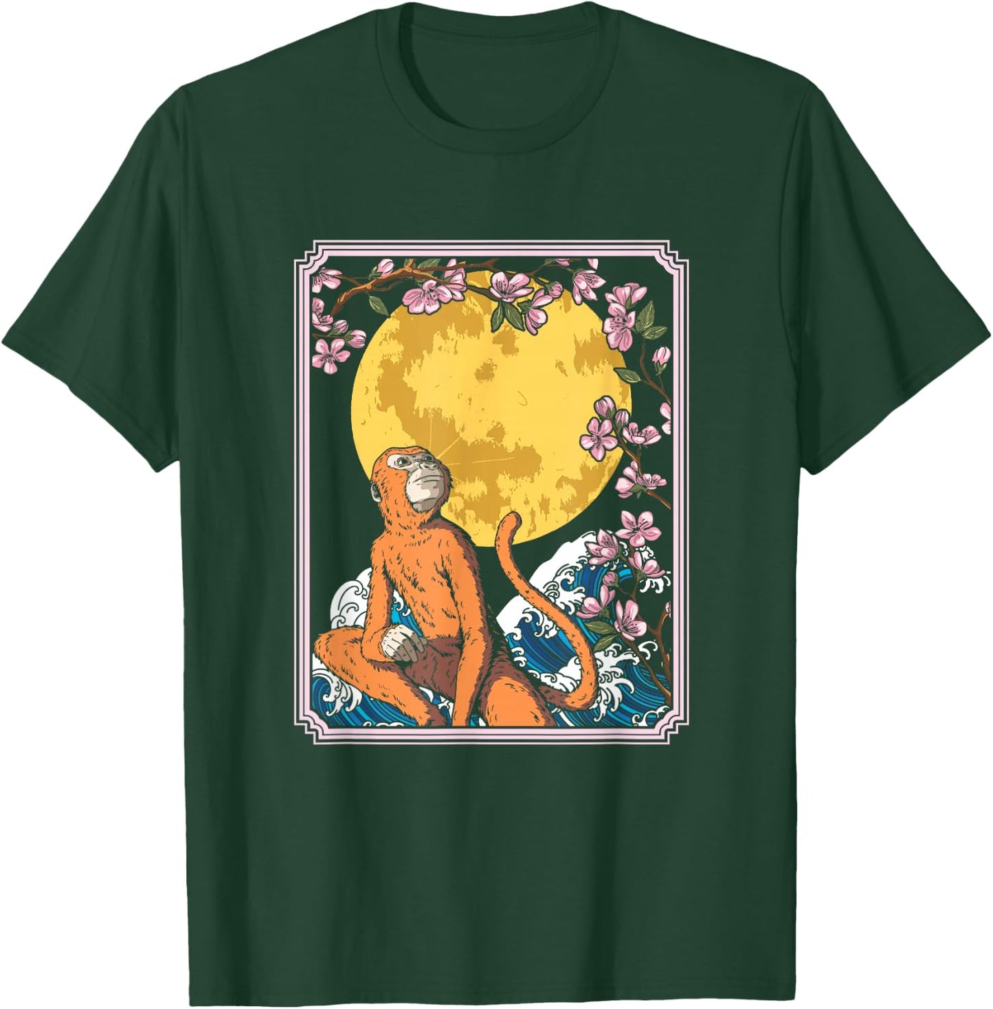Japan Monkey Ape Animal - Primate Cherry Blossom Moon T-Shirt - T-Shirt | Forest