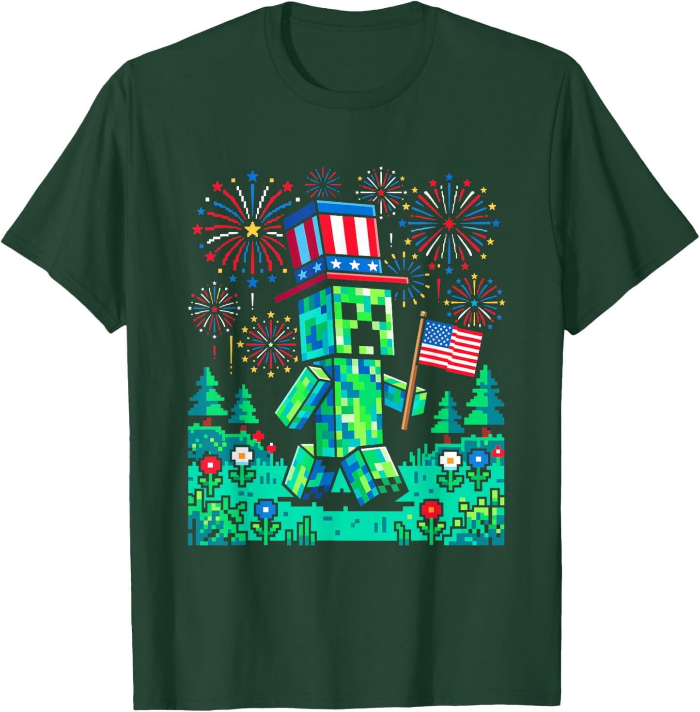 US Flag 4th of July Gamer Pixel Gaming Patriotic Boys Kids T-Shirt - T-Shirt | Forest