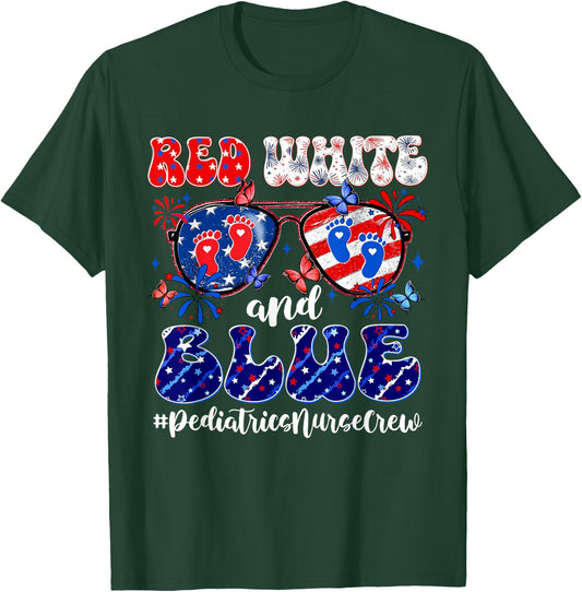 Red White & Blue Pediatrics Crew Pediatric Nurse 4th Of July Women Men T-Shirt - T-Shirt | Forest