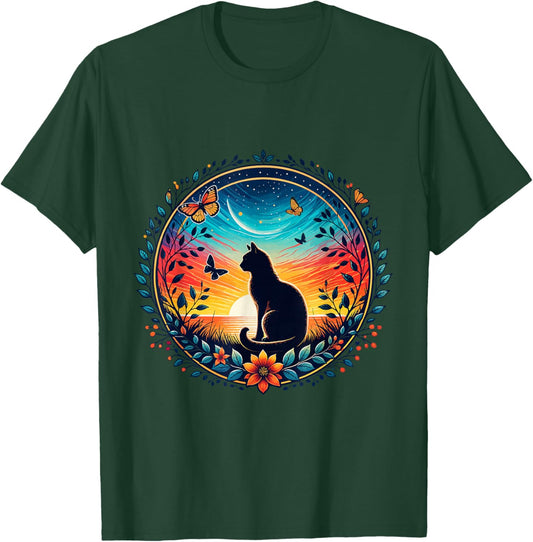 Cottagecore Aesthetic Cat Butterfly Flowers Sunset Moonrise Women Kids T-Shirt - T-Shirt | Forest