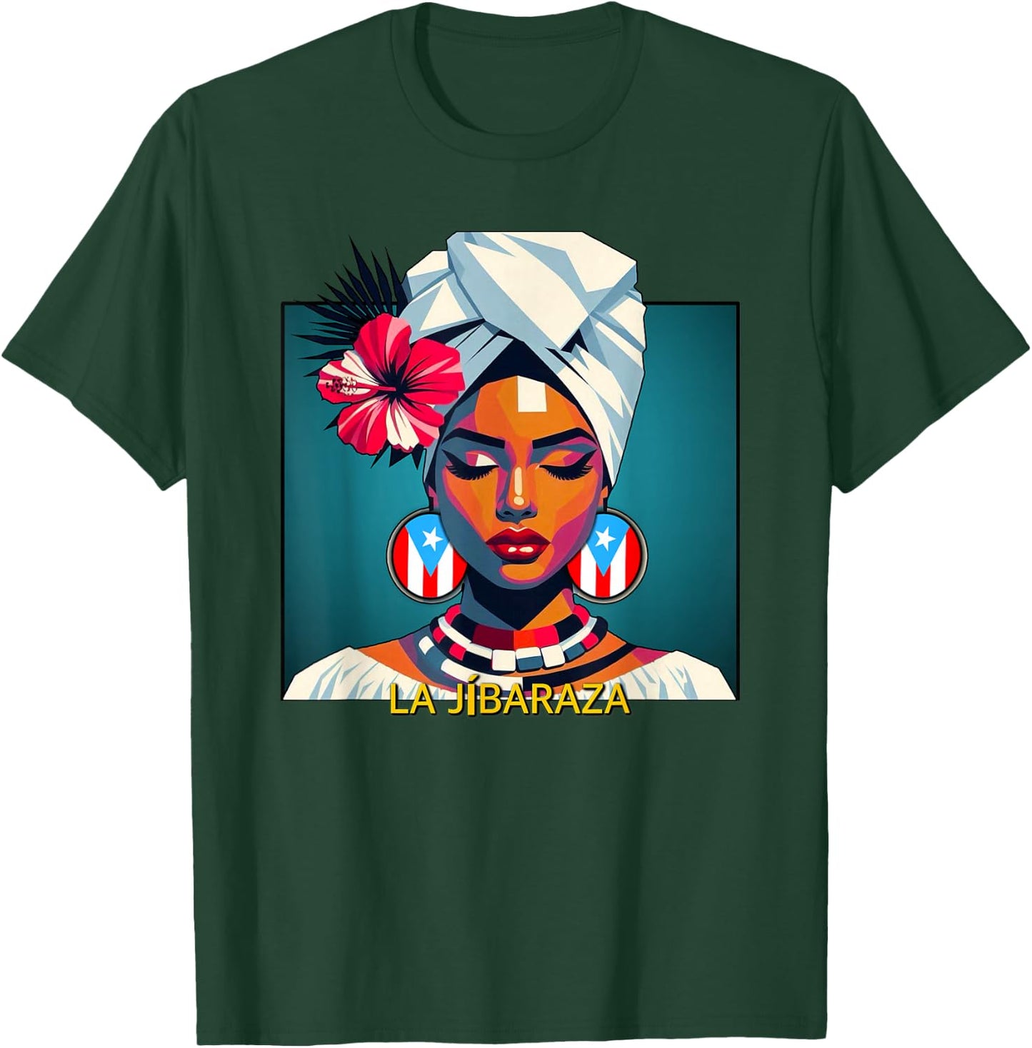 Jibaraza, Boricua Flag, Puerto Rican Jíbara Hibiscus Flower T-Shirt - T-Shirt | Forest