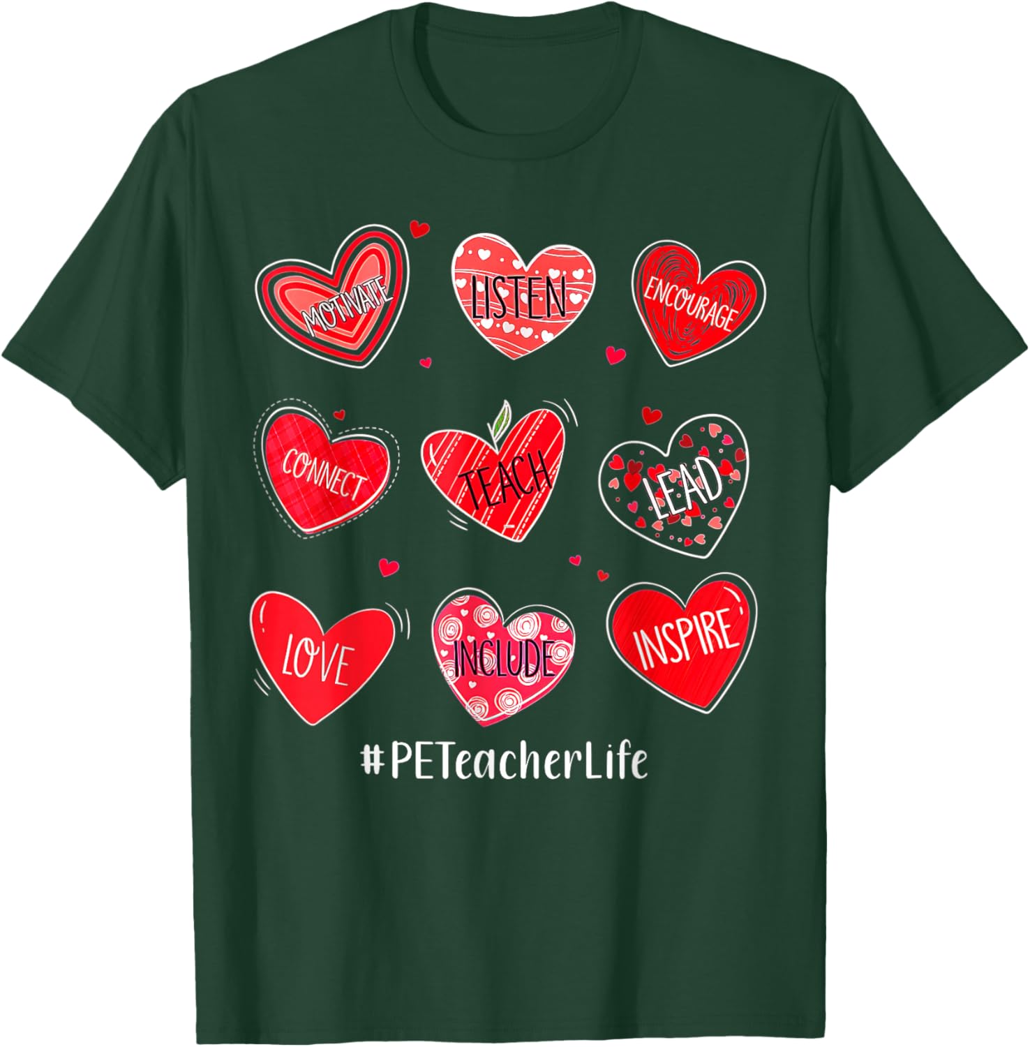 PE Teacher Hearts Valentines Valentines Day T-Shirt - T-Shirt | Forest