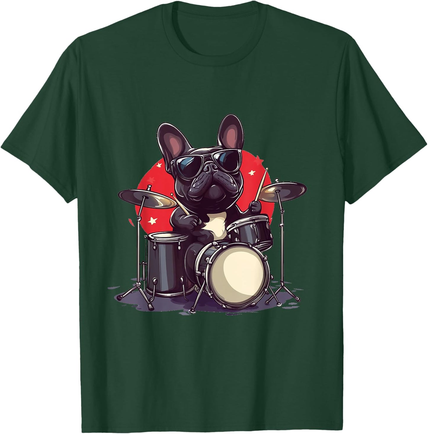 French Bulldog Playing The Drums Musician Dog Rock Band Dog T-Shirt - T-Shirt | Forest