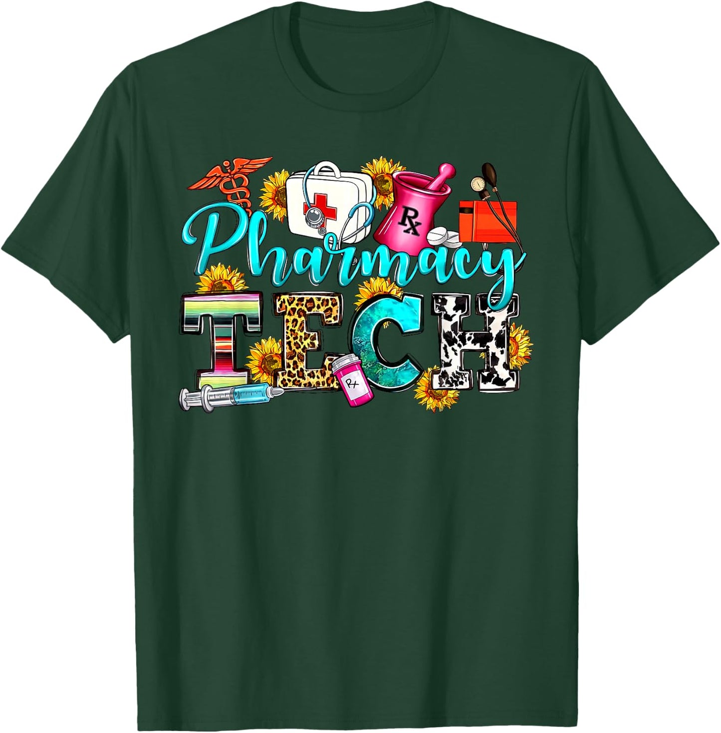 Retro Leopard Pharmacy Tech Pharmacist Certified Pharm Tech T-Shirt - T-Shirt | Forest