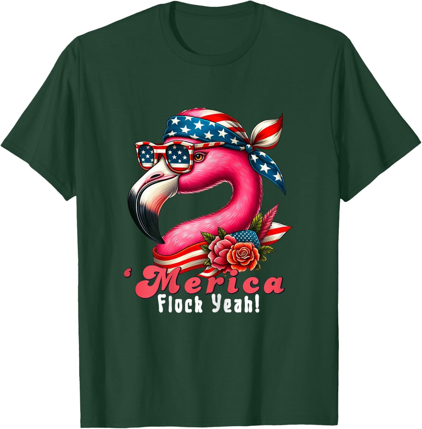 Merica Flock Yeah Patriotic Flamingo 4th of July Usa Flag Women T-Shirt - T-Shirt | Forest