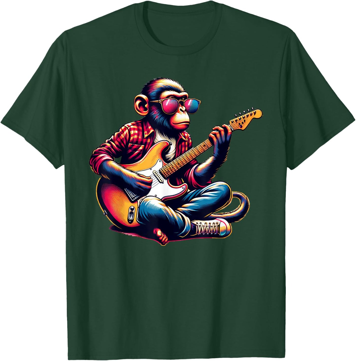 Monkey Wearing Sunglasses Playing Guitar Musician Music T-Shirt - T-Shirt | Forest