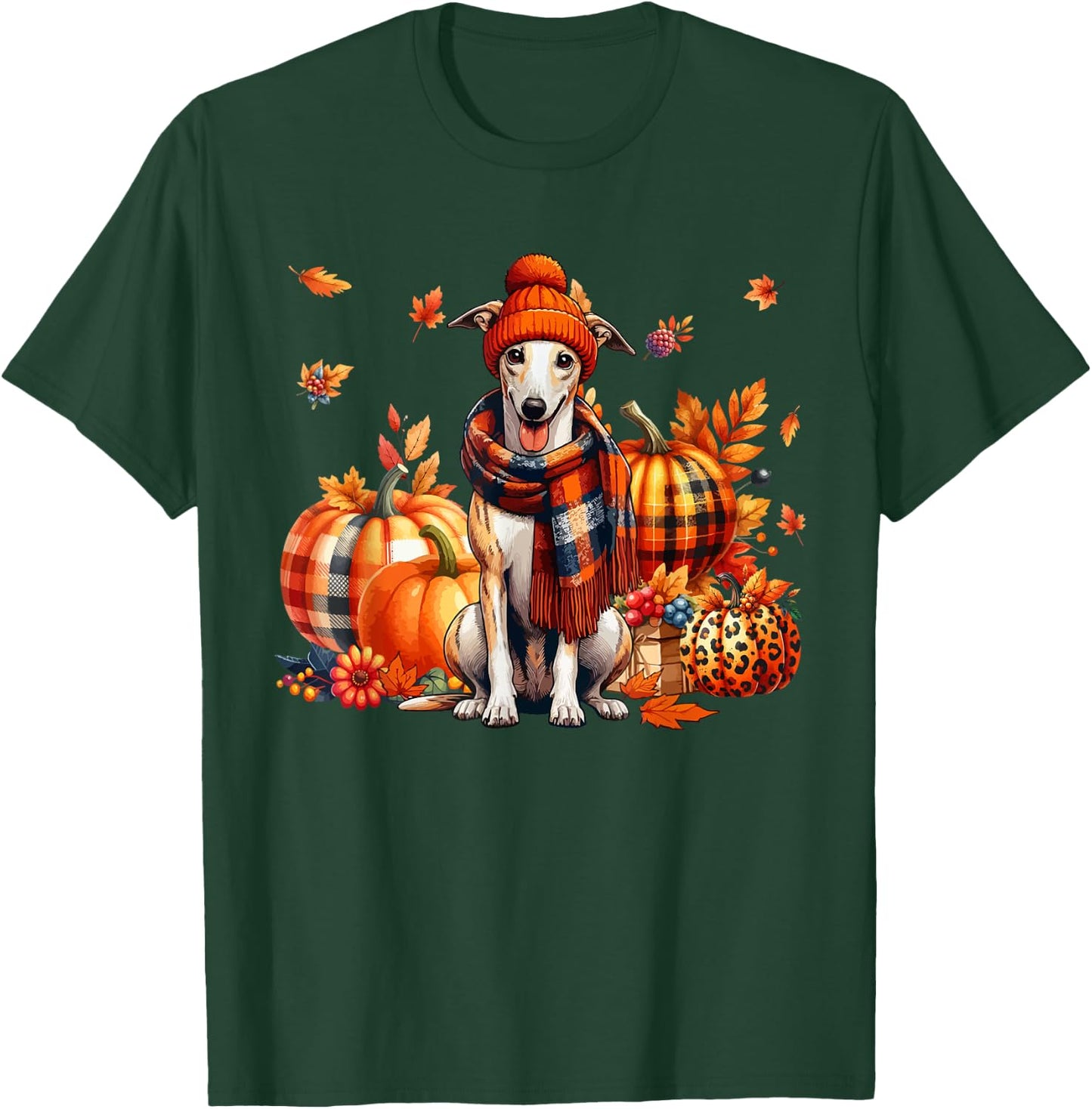 Whippet Thanksgiving Leopard Pumpkins Fall Leaves Lover T-Shirt - T-Shirt | Forest