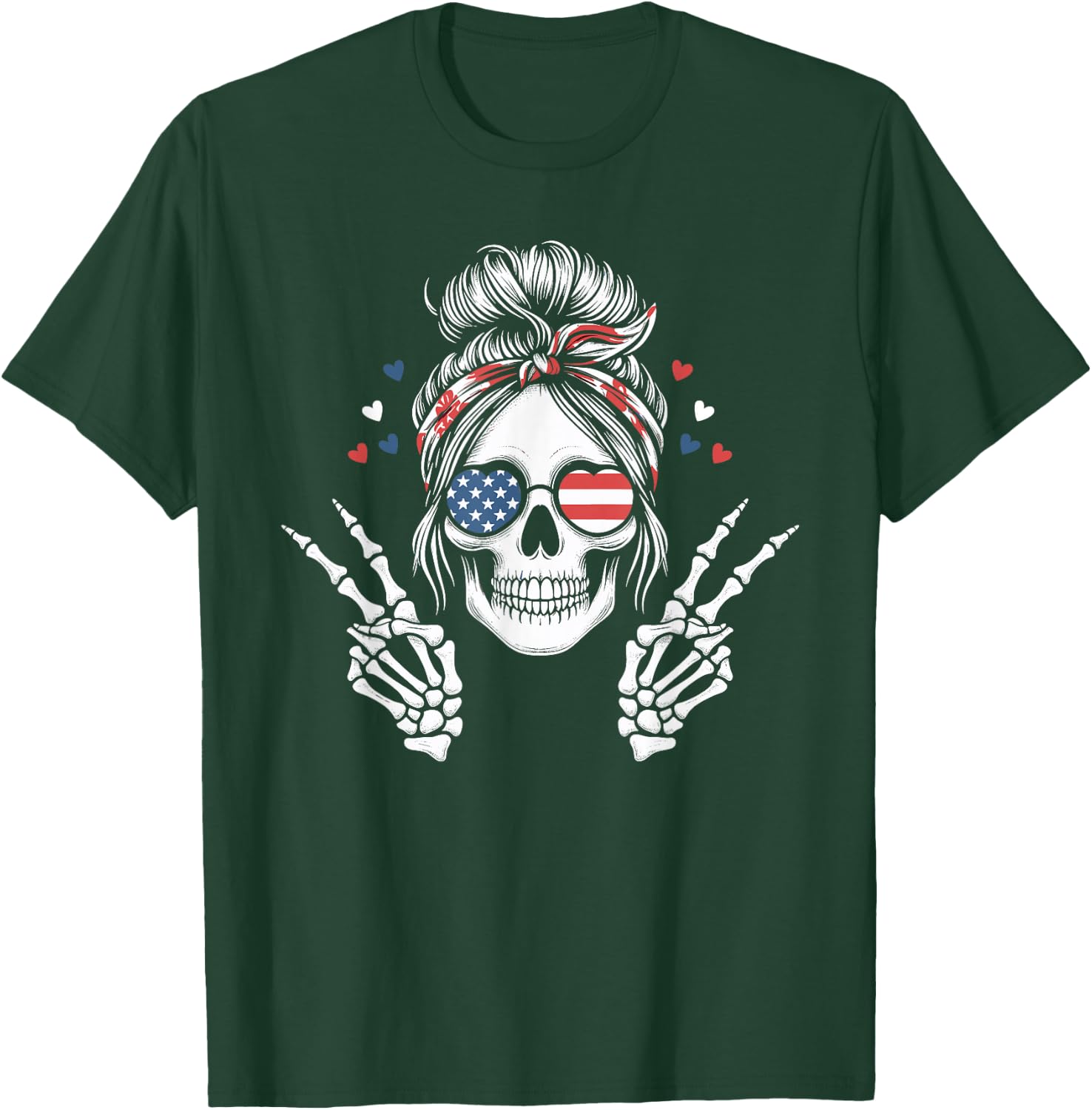 Patriotic American Flag Skull Messy Bun Peace USA 4th July T-Shirt - T-Shirt | Forest