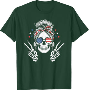 Patriotic American Flag Skull Messy Bun Peace USA 4th July T-Shirt - T-Shirt | Forest
