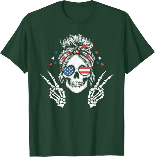 Patriotic American Flag Skull Messy Bun Peace USA 4th July T-Shirt - T-Shirt | Forest