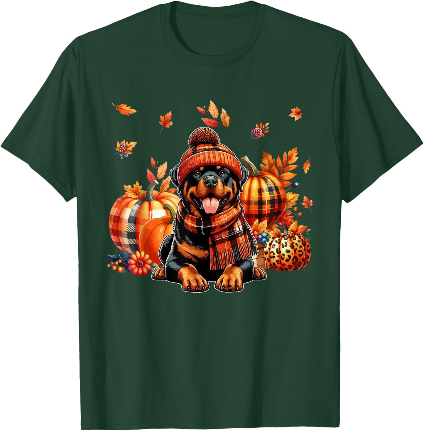 Rottweiler Thanksgiving Leopard Pumpkins Fall Leaves Lover T-Shirt - T-Shirt | Forest