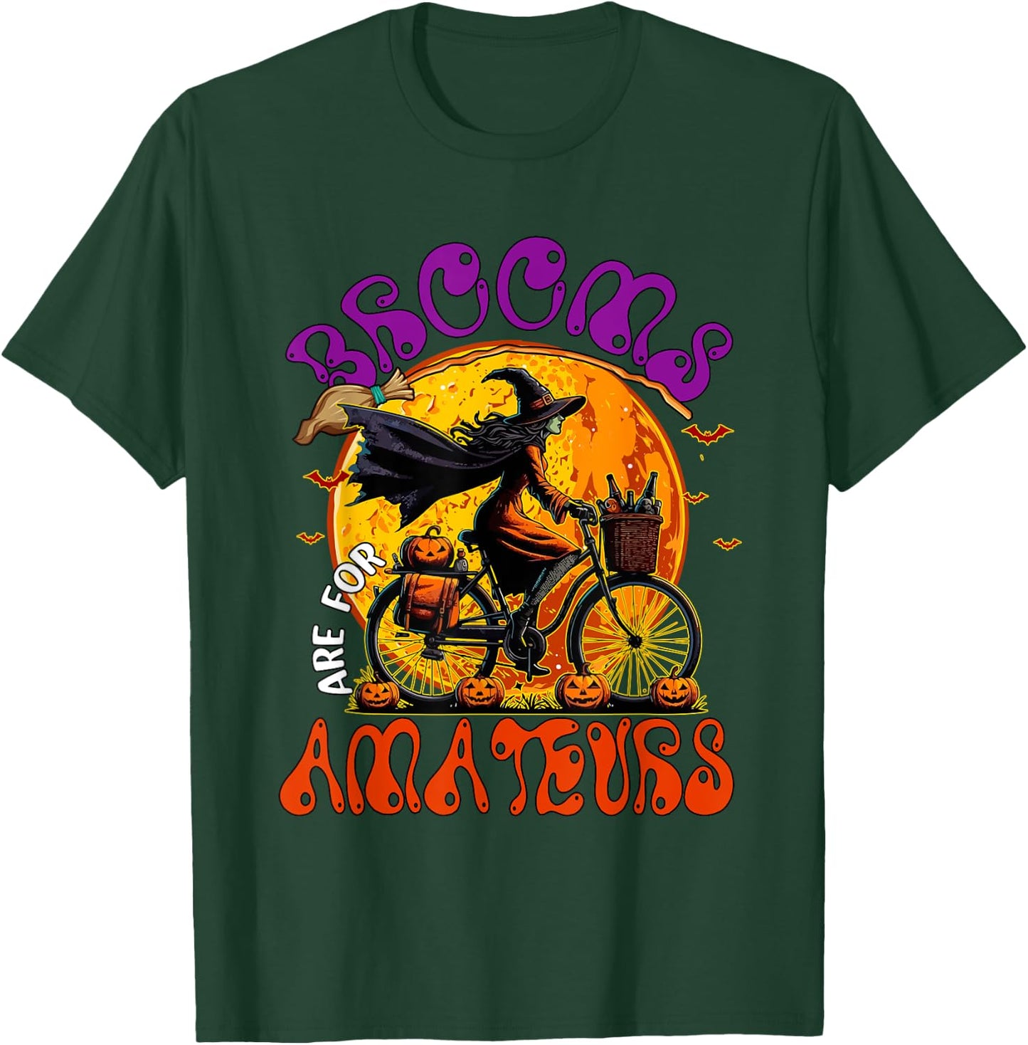 Brooms Are For Amateurs Halloween Witch Riding Bicycle T-Shirt - T-Shirt | Forest
