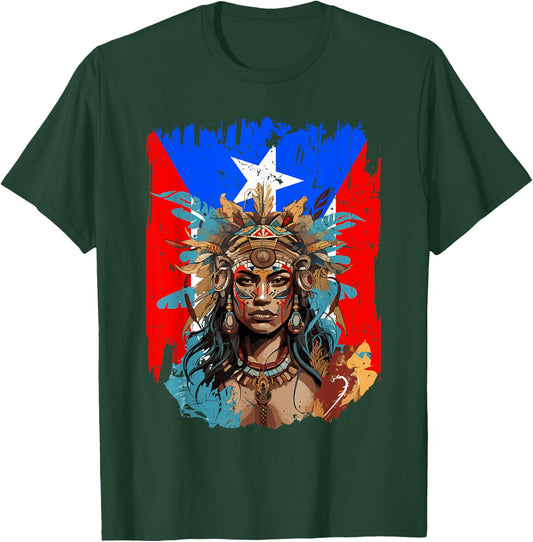 Boricua Taino Woman Puerto Rico Flag Hispanic Heritage Month T-Shirt - T-Shirt | Forest