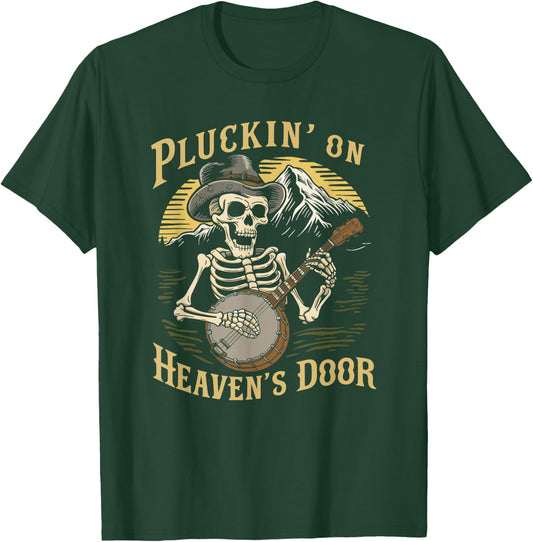 Bluegrass Music, Banjo Skeleton Pluckin on Heavens Door T-Shirt - T-Shirt | Forest