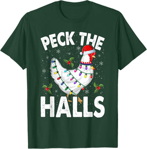 Peck the Halls | Chicken Christmas Santa Hat T-Shirt - T-Shirt | Forest