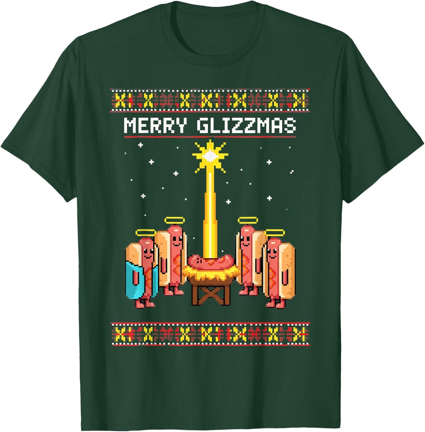 Dog Merry Glizzmas Retro Hotdog Squad Pixel Art T-Shirt - T-Shirt | Forest