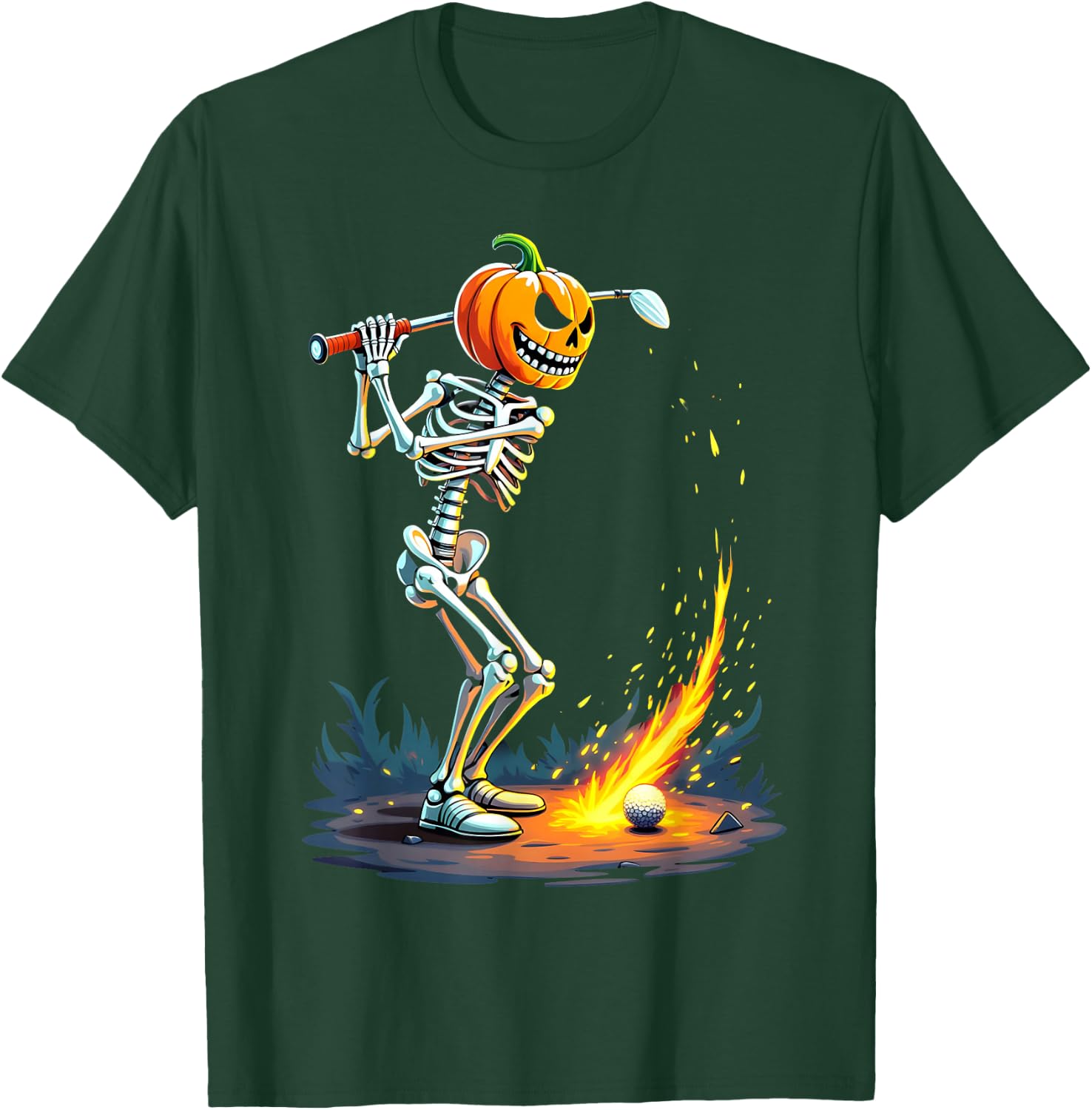 Pumpkin Head Skeleton Playing Golf Fireball T-Shirt - T-Shirt | Forest