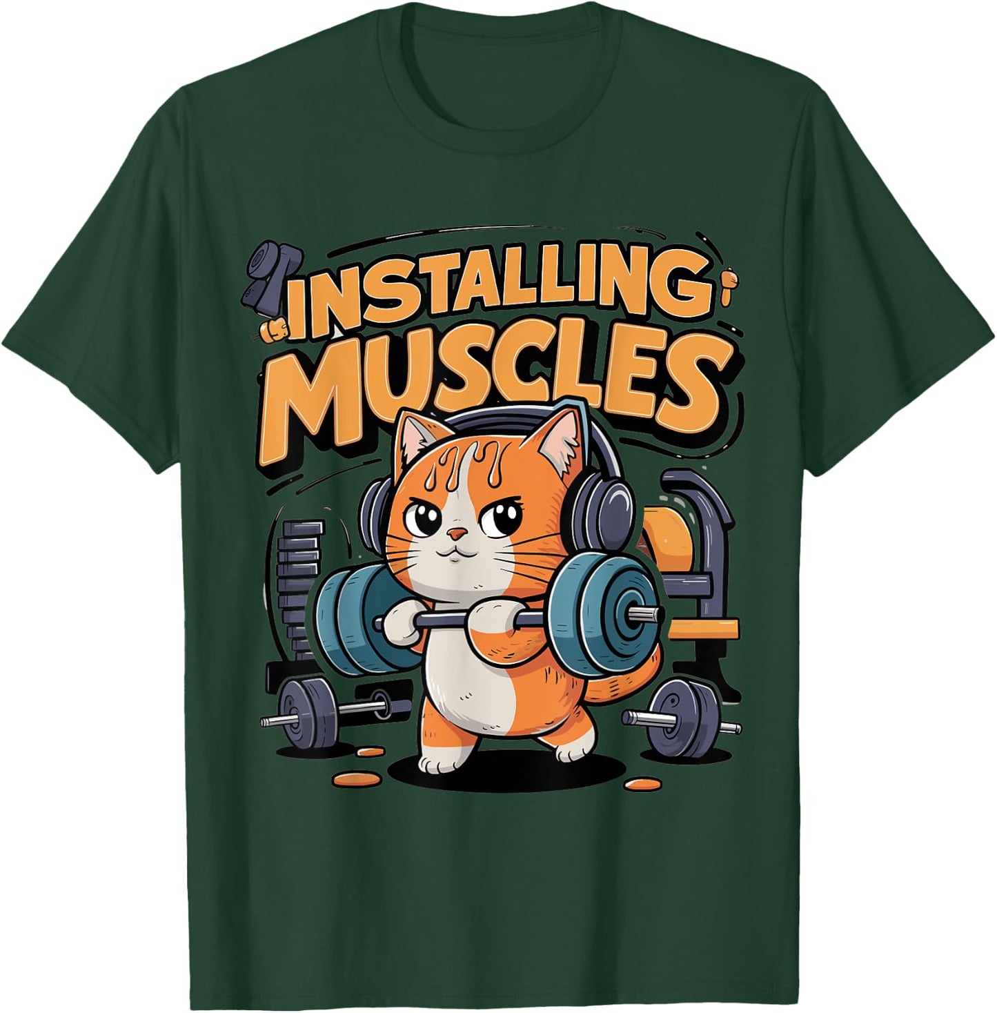 Funny Cat Installing Muscles Please Wait Lifting Barbell Women Girls Kids T-Shirt - T-Shirt | Forest