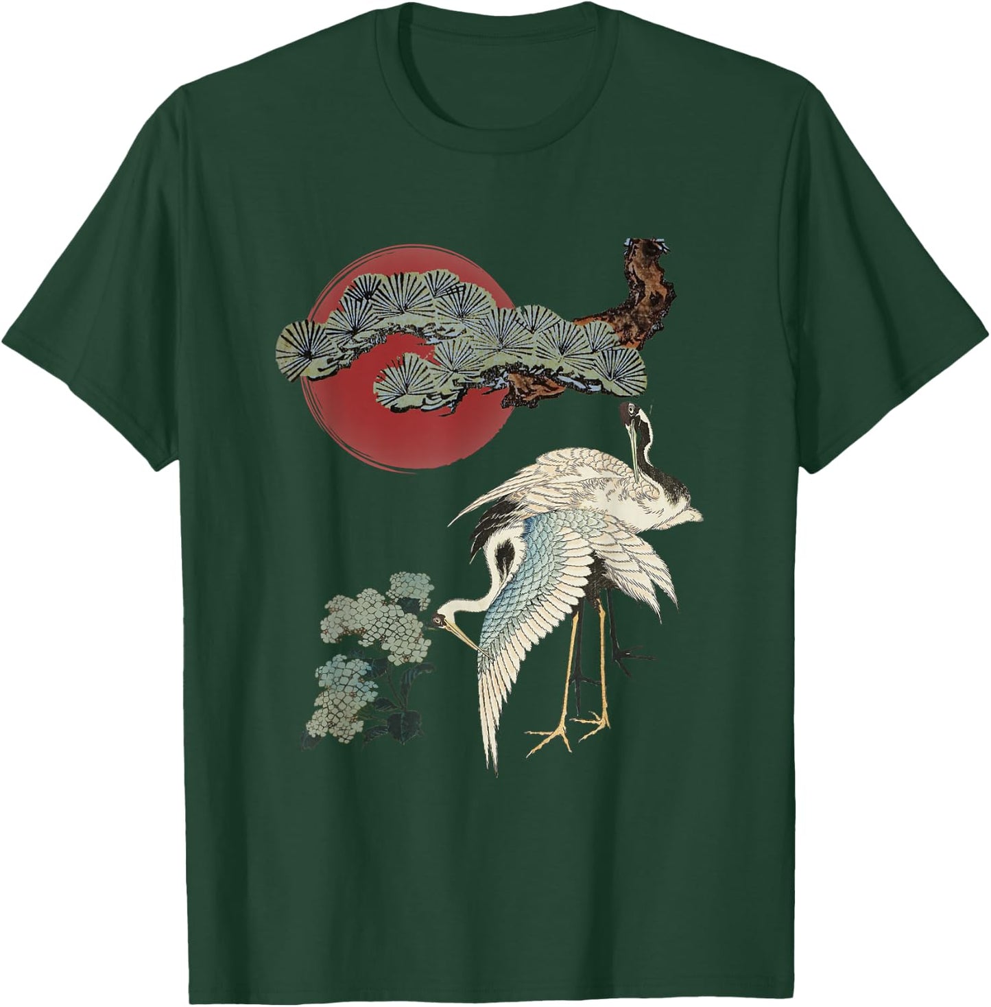 Japanese Crane and Pine Tree Art Elegant Traditional Design T-Shirt - T-Shirt | Forest