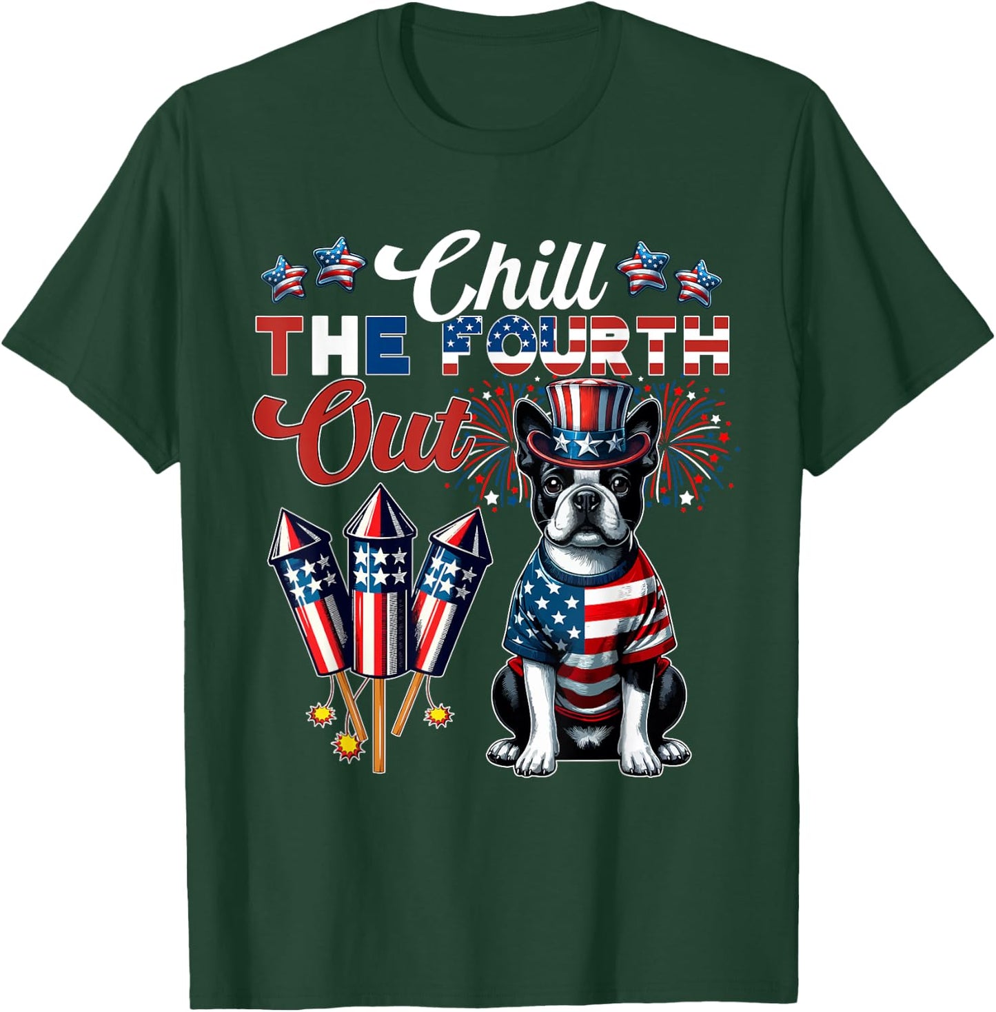 Chill The Fourth Out Costume 4th Of July Cute Boston Terrier Kids Men T-Shirt - T-Shirt | Forest