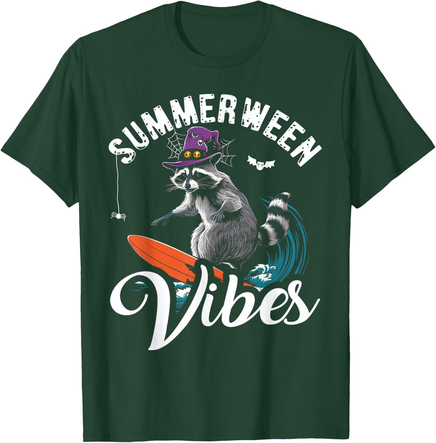 Summerween Vibes Raccoon Surfing Summer Halloween Vacation T-Shirt - T-Shirt | Forest