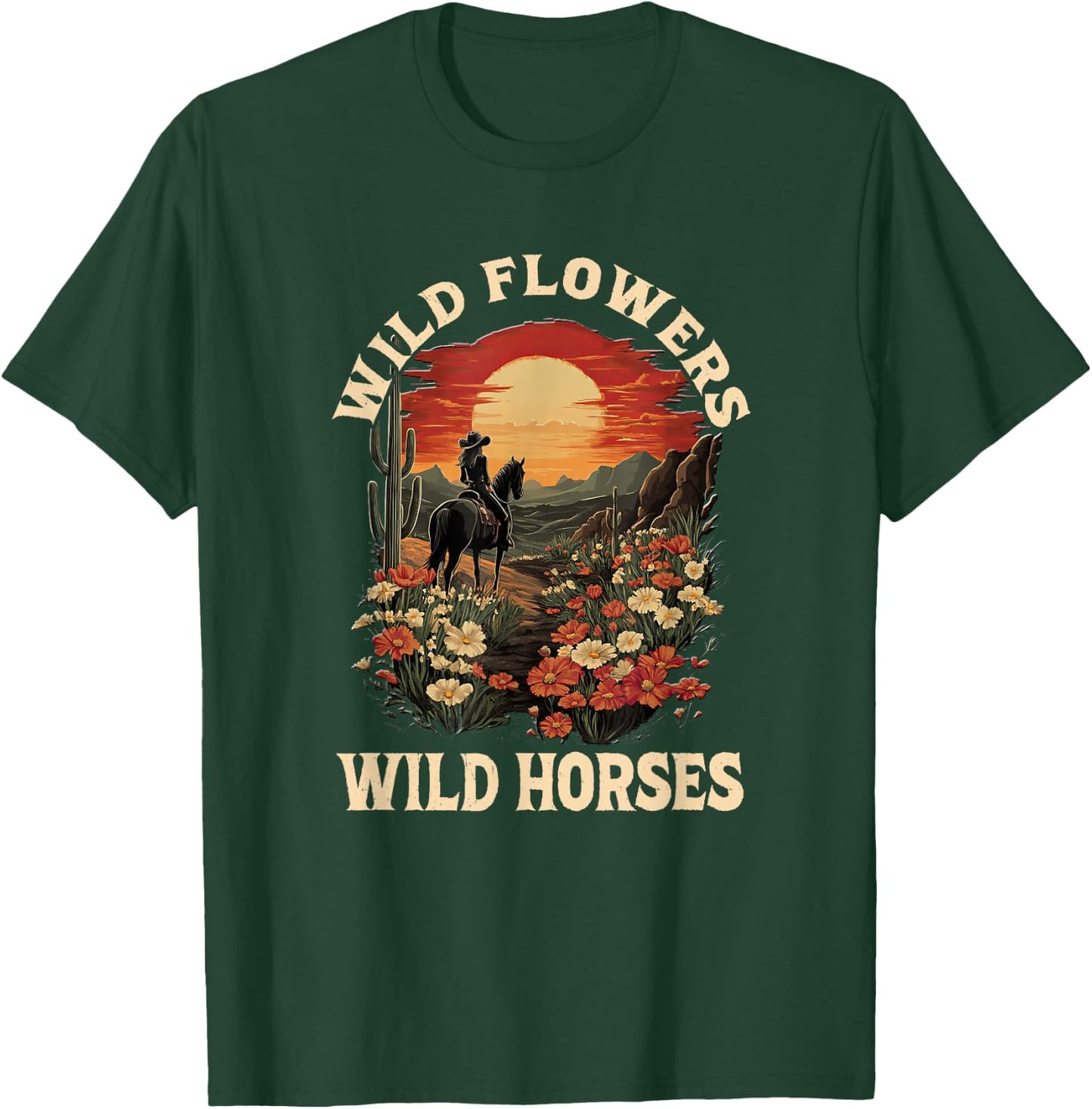 Western Sunset Cowgirl Riding Horse Wild Flowers Wild Horses T-Shirt - T-Shirt | Forest