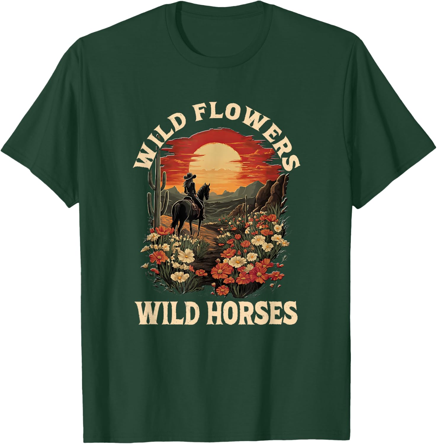 Western Sunset Cowgirl Riding Horse Wild Flowers Wild Horses T-Shirt - T-Shirt | Forest