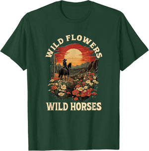 Western Sunset Cowgirl Riding Horse Wild Flowers Wild Horses T-Shirt - T-Shirt | Forest