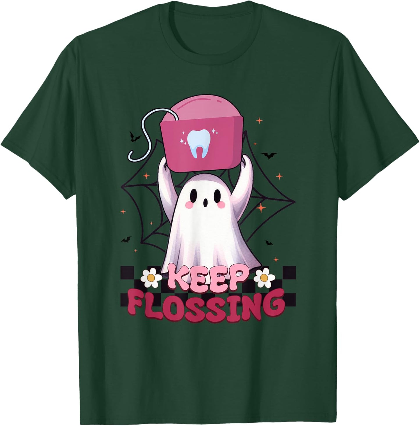 Keep Flossing Ghost Groovy Dental Hygiene Halloween Crew T-Shirt - T-Shirt | Forest