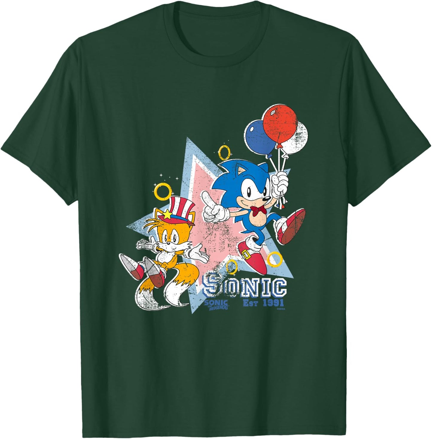 Sonic The Hedgehog Americana Sonic & Tails Celebration Retro T-Shirt - T-Shirt | Forest