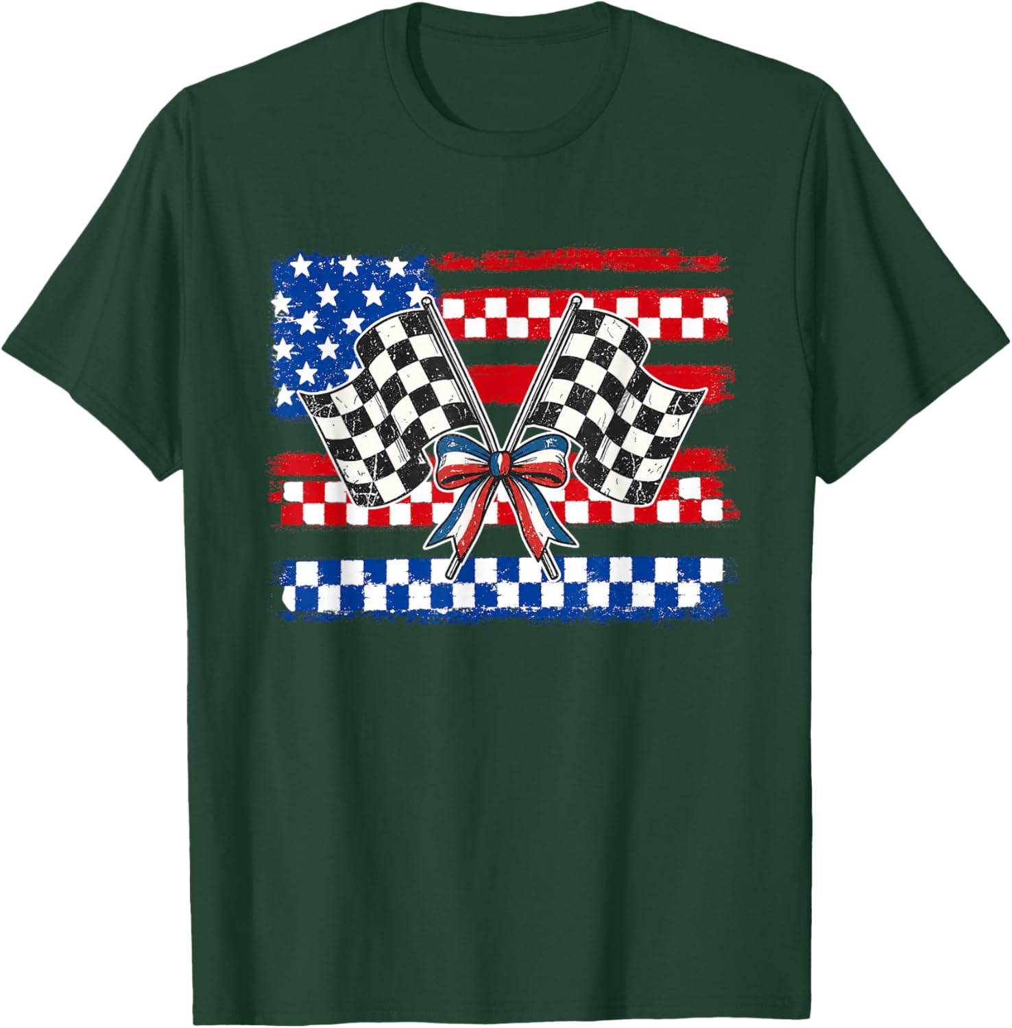 Patriotic Racing Flags Shirt Checkered Flag USA Race Day T-Shirt - T-Shirt | Forest