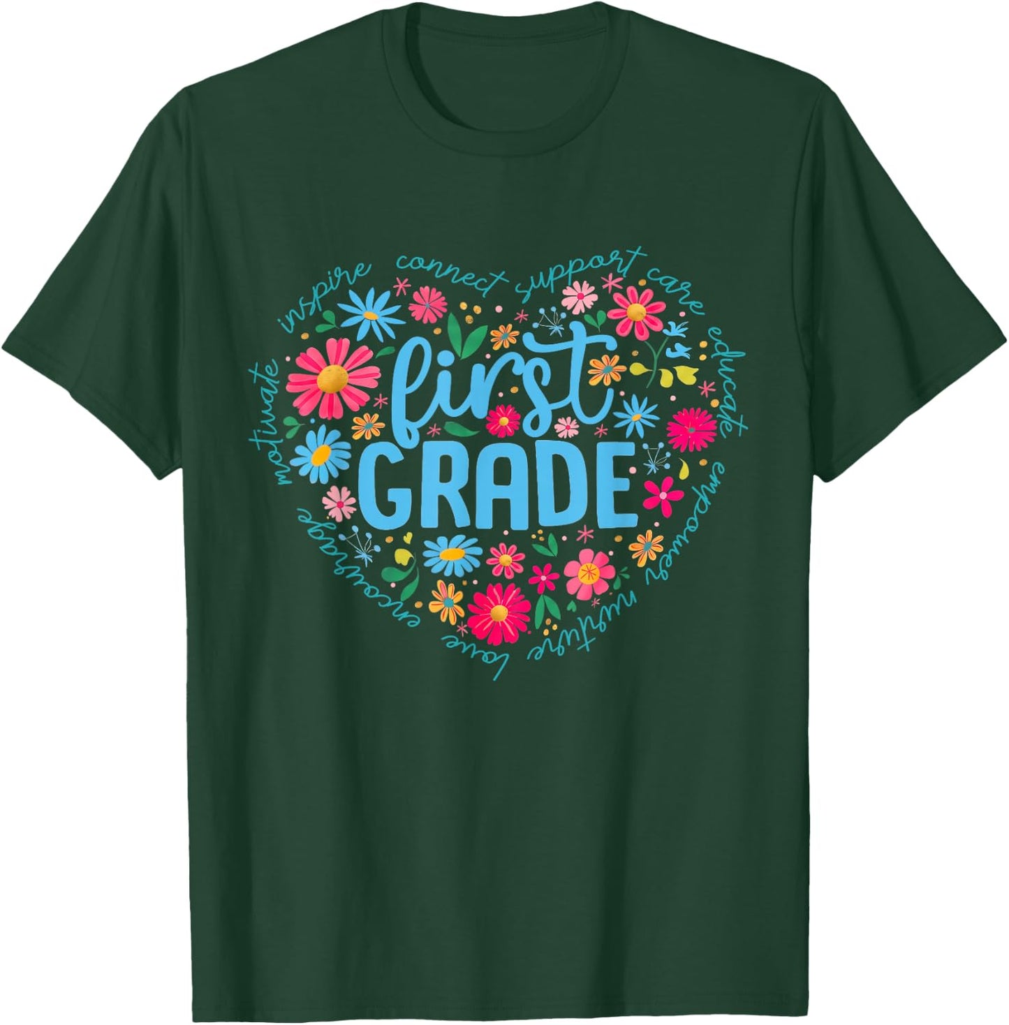 1st First Grade Floral Heart Back to School Teacher Girls T-Shirt - T-Shirt | Forest