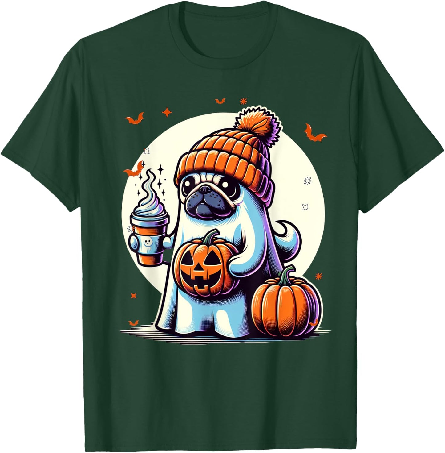 Ghost Pug Pumpkin Drinks Beanie Fall Halloween T-Shirt - T-Shirt | Forest