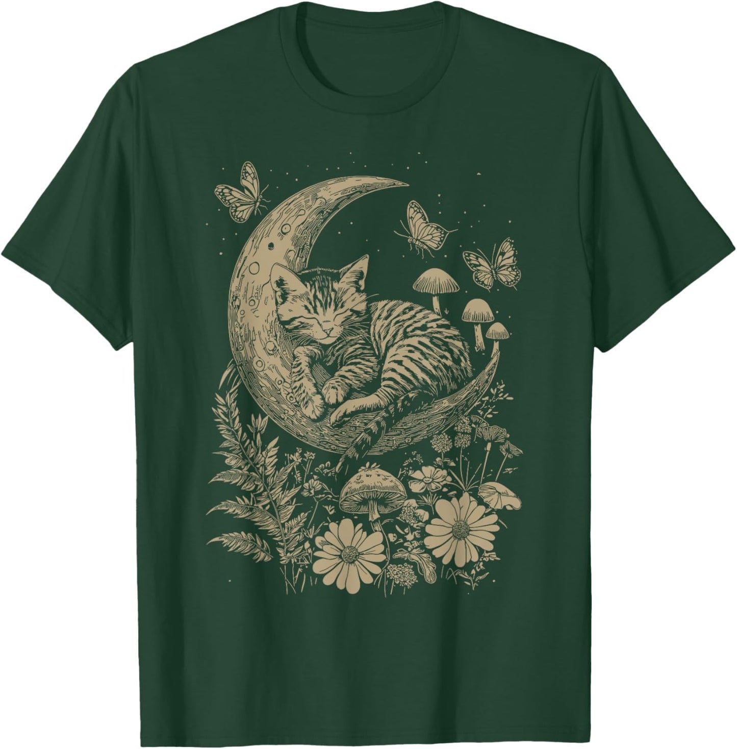 Cute Fairycore Floral Cat Sleeping Moon Aesthetic Girl Women T-Shirt - T-Shirt | Forest