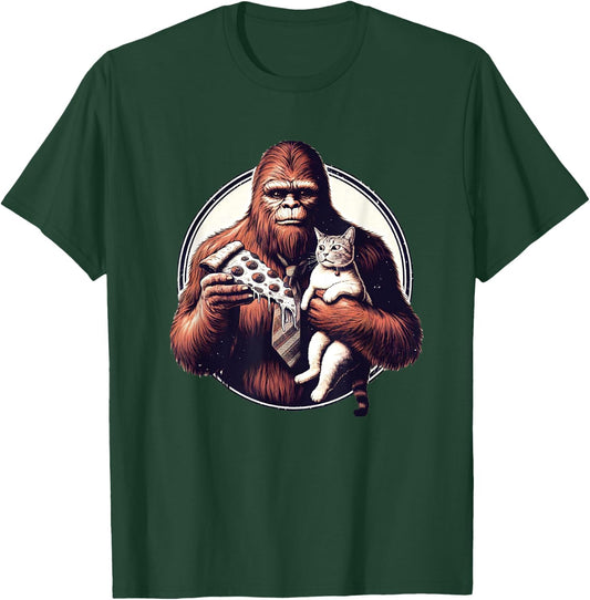 Funny Bigfoot Sasquatch Pet Cat Eating Pizza Adventures Women Kids T-Shirt - T-Shirt | Forest
