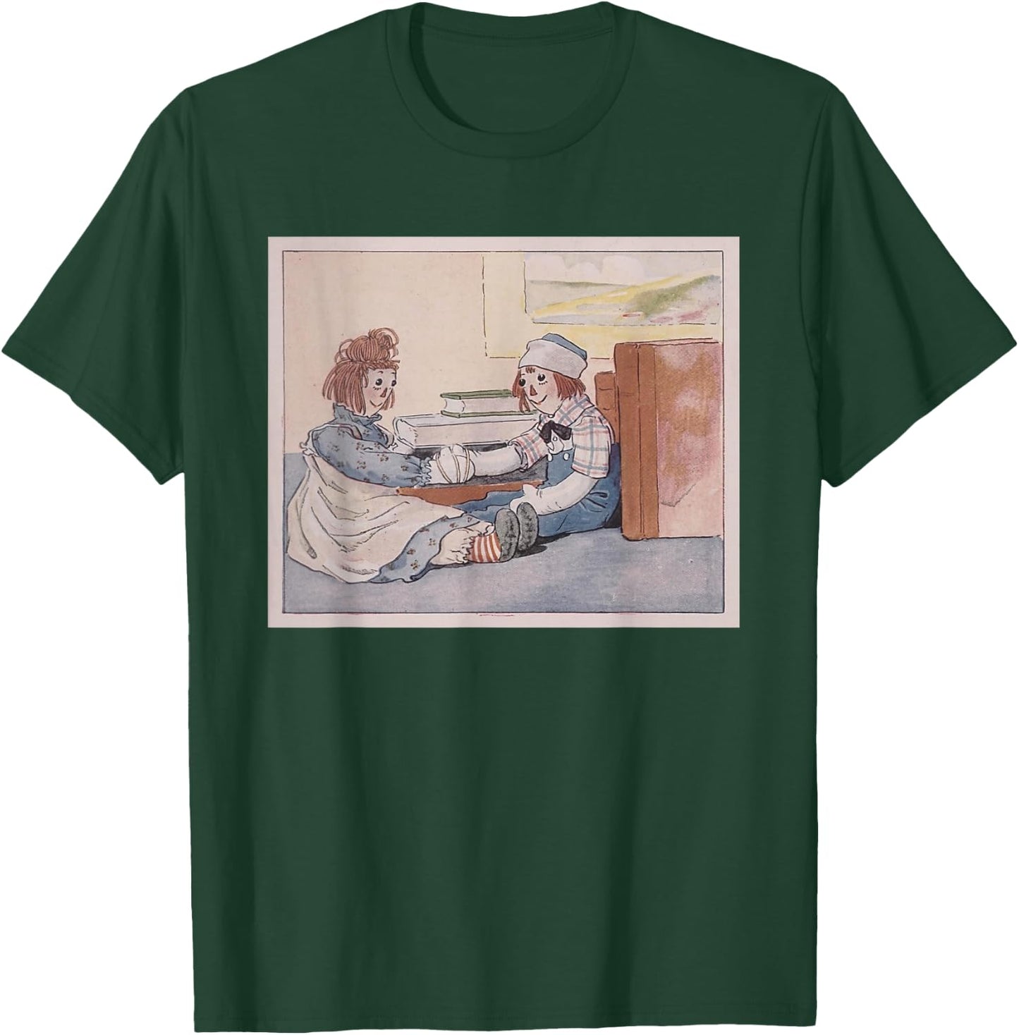 Raggedy Ann & Andy - Their Hands Tied Together Near Books T-Shirt - T-Shirt | Forest