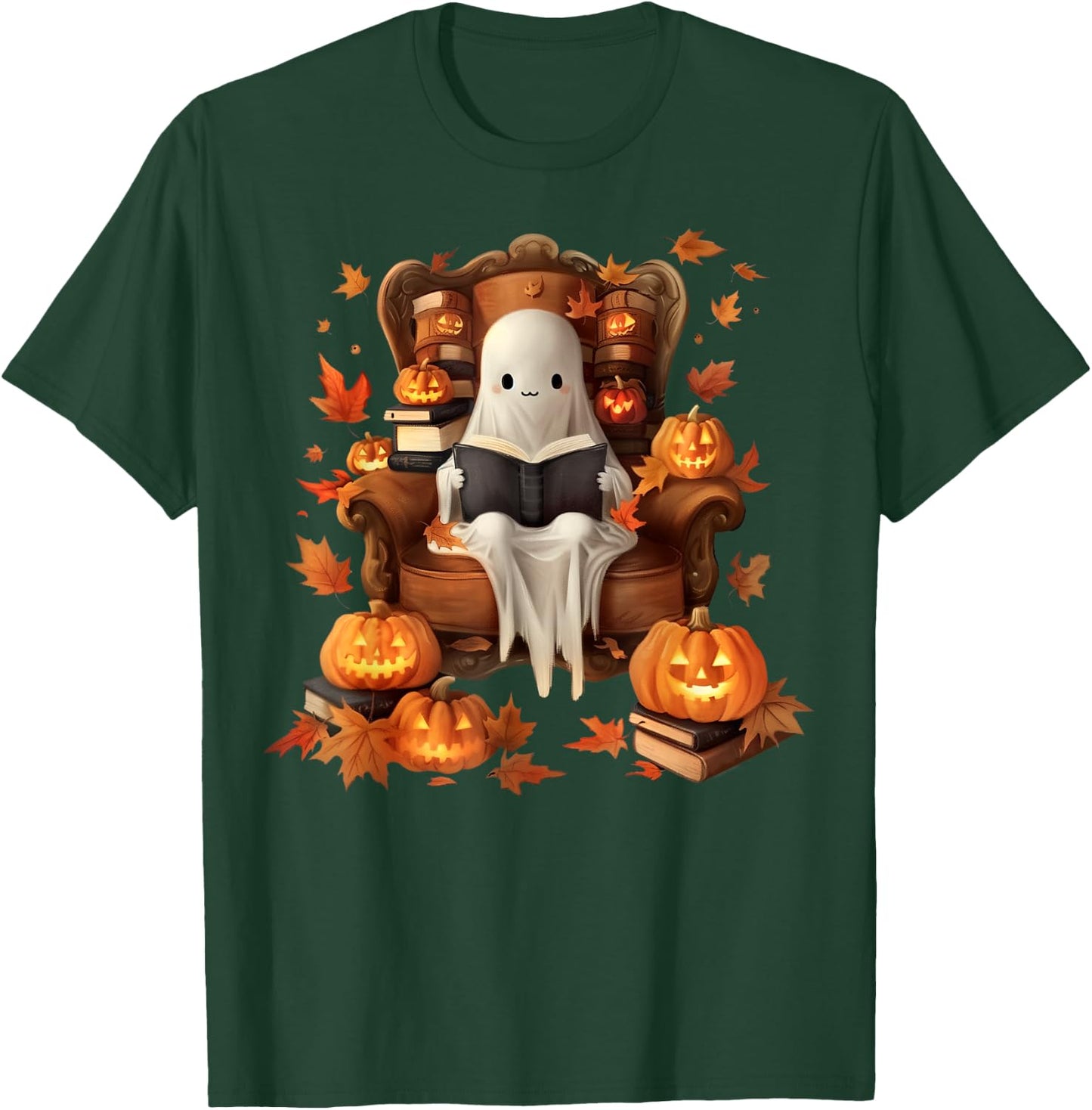Vintage Ghost Book Reading Pumpkin Gothic Halloween Teachers Women Kids T-Shirt - T-Shirt | Forest