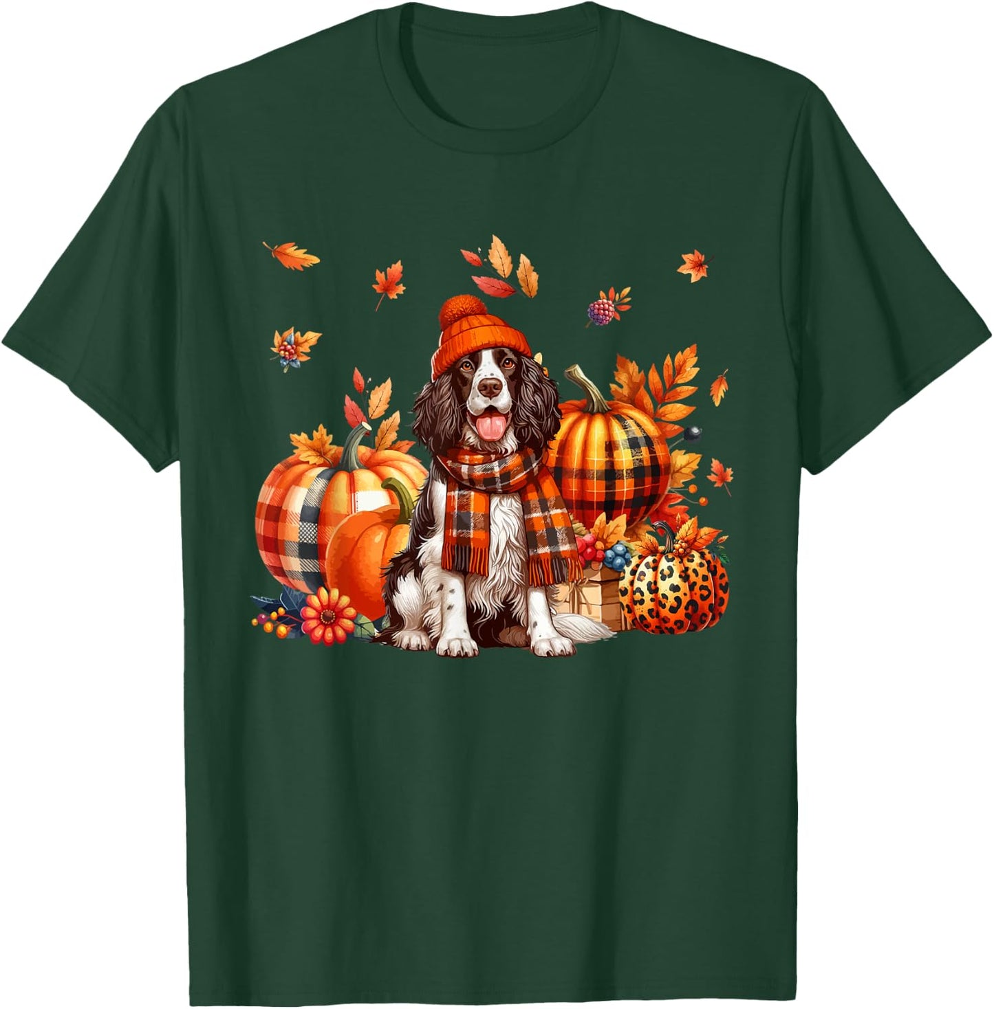 English Springer Spaniel Thanksgiving Leopard Pumpkins Fall T-Shirt - T-Shirt | Forest