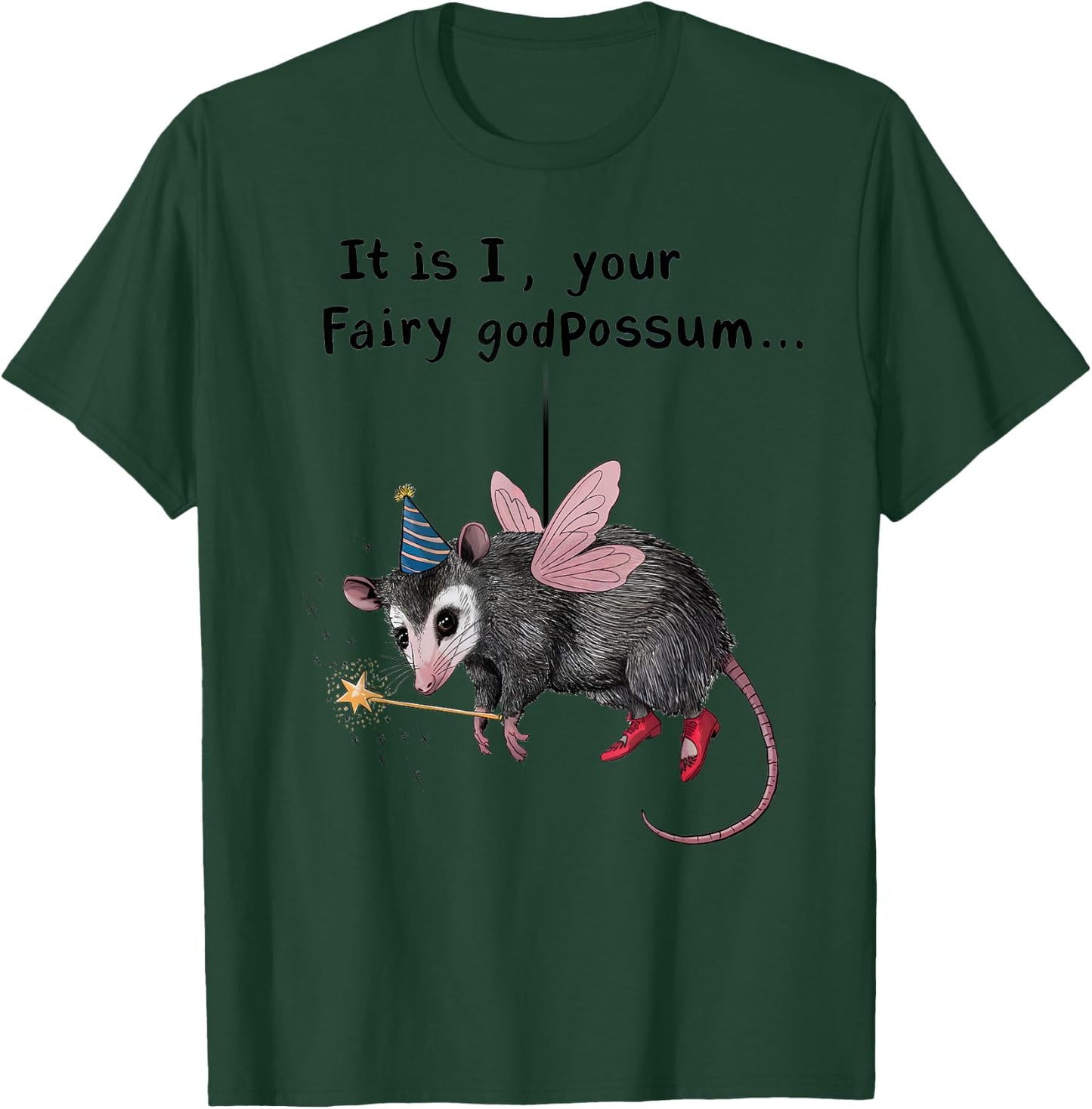 Whimsical Humor It Is I Your Fairy Godpossum -Adults Grey Short Sleeve Small Modern Cartoon Animal Humorous Cartoon Animal T-Shirt - T-Shirt | Forest