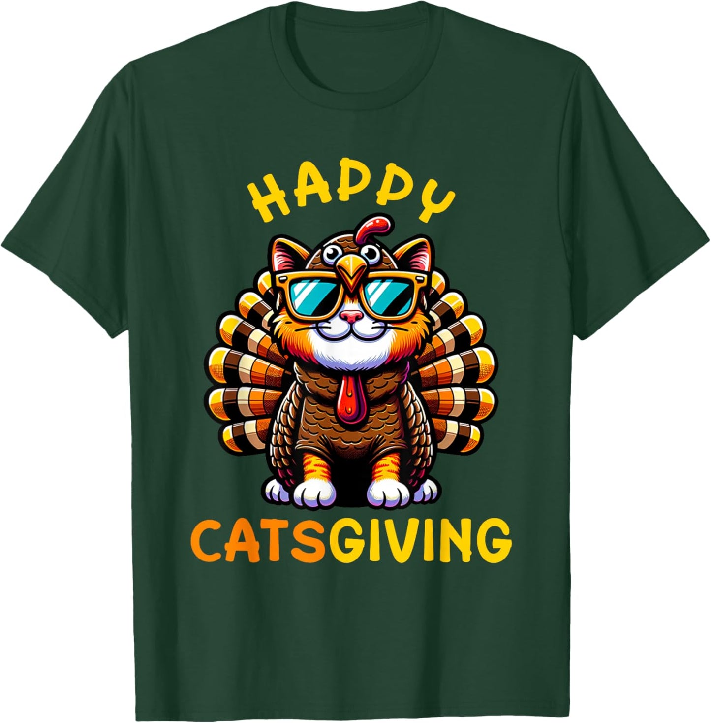 Happy Catsgiving Thanksgiving Funny Turkey Cat Men Women Girls Kids T-Shirt - T-Shirt | Forest