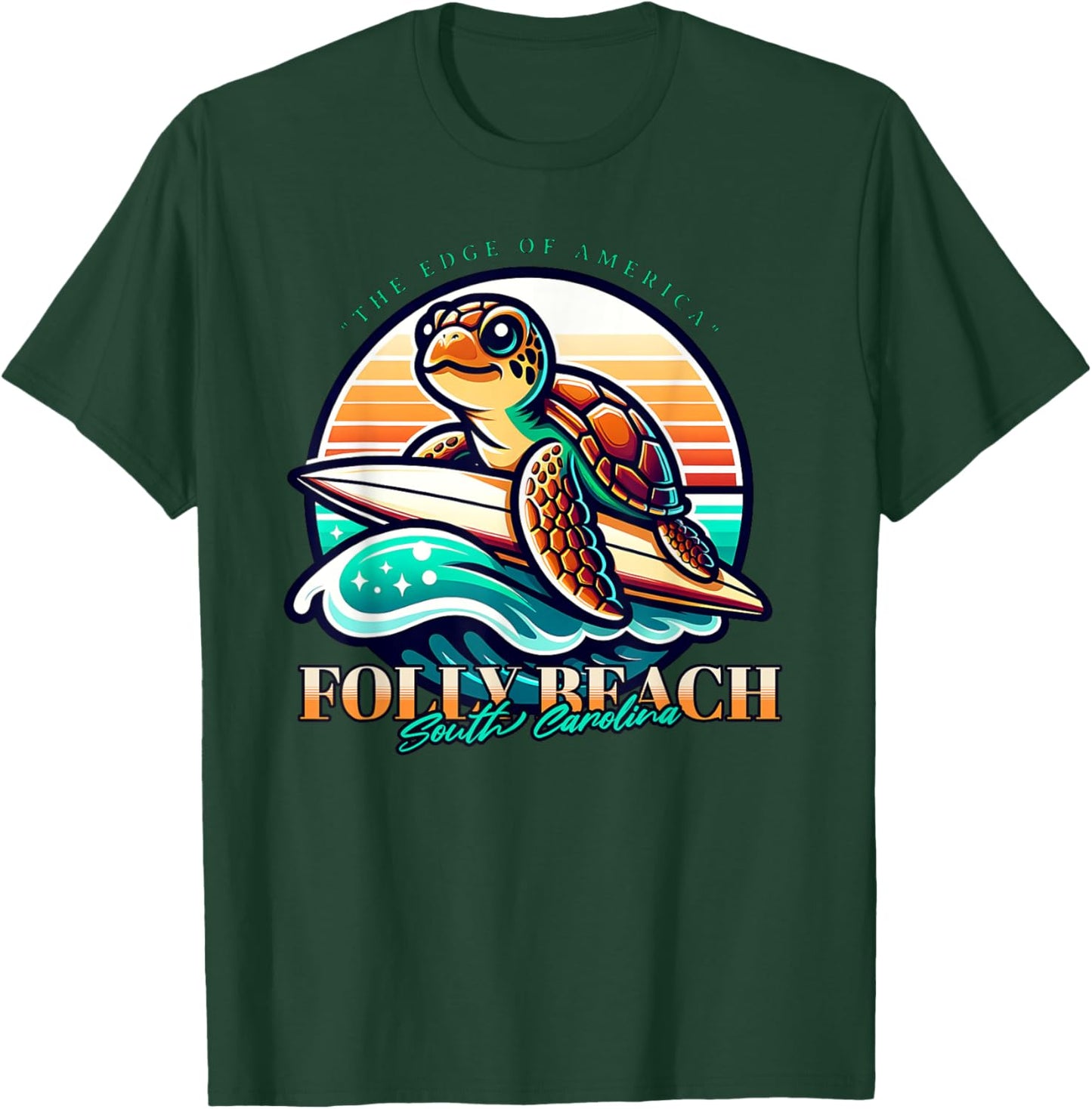Folly Beach South Carolina Loggerhead Sea Turtle Retro Sun Women Kids T-Shirt - T-Shirt | Forest