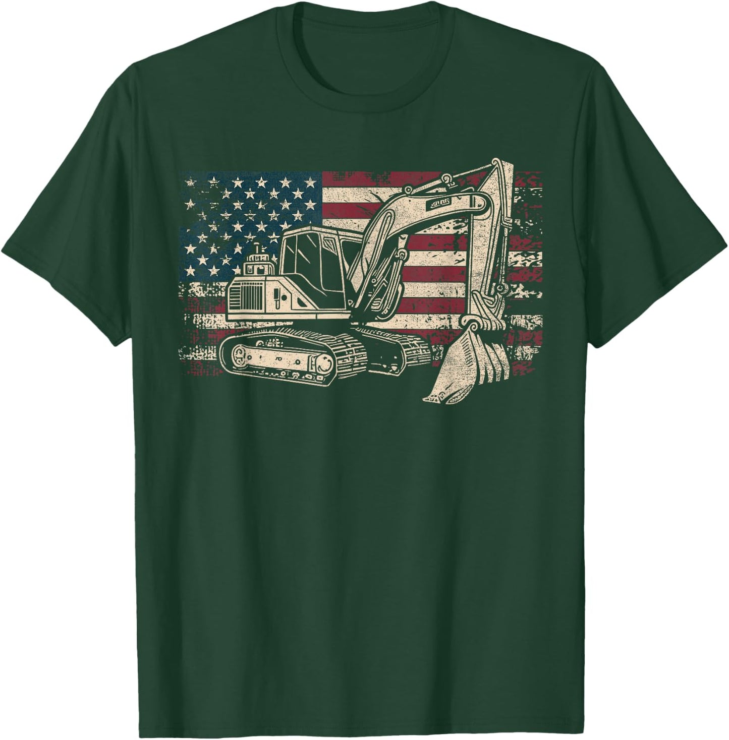 Excavator American Flag Patriotic Excavator 4th of July T-Shirt - T-Shirt | Forest