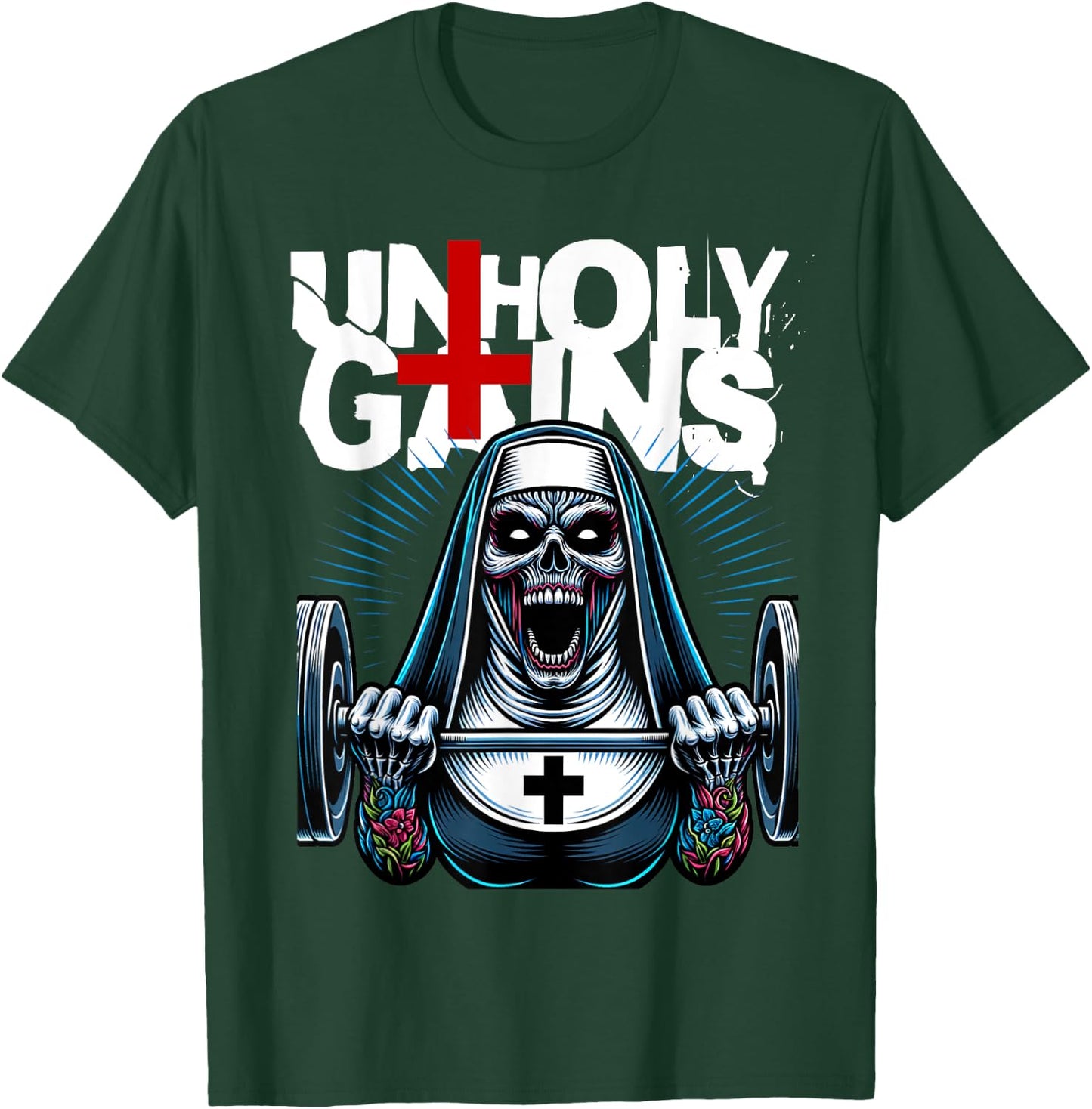 Unholy Gains Satanic Workout Devil Worship Nun Lifting T-Shirt - T-Shirt | Forest